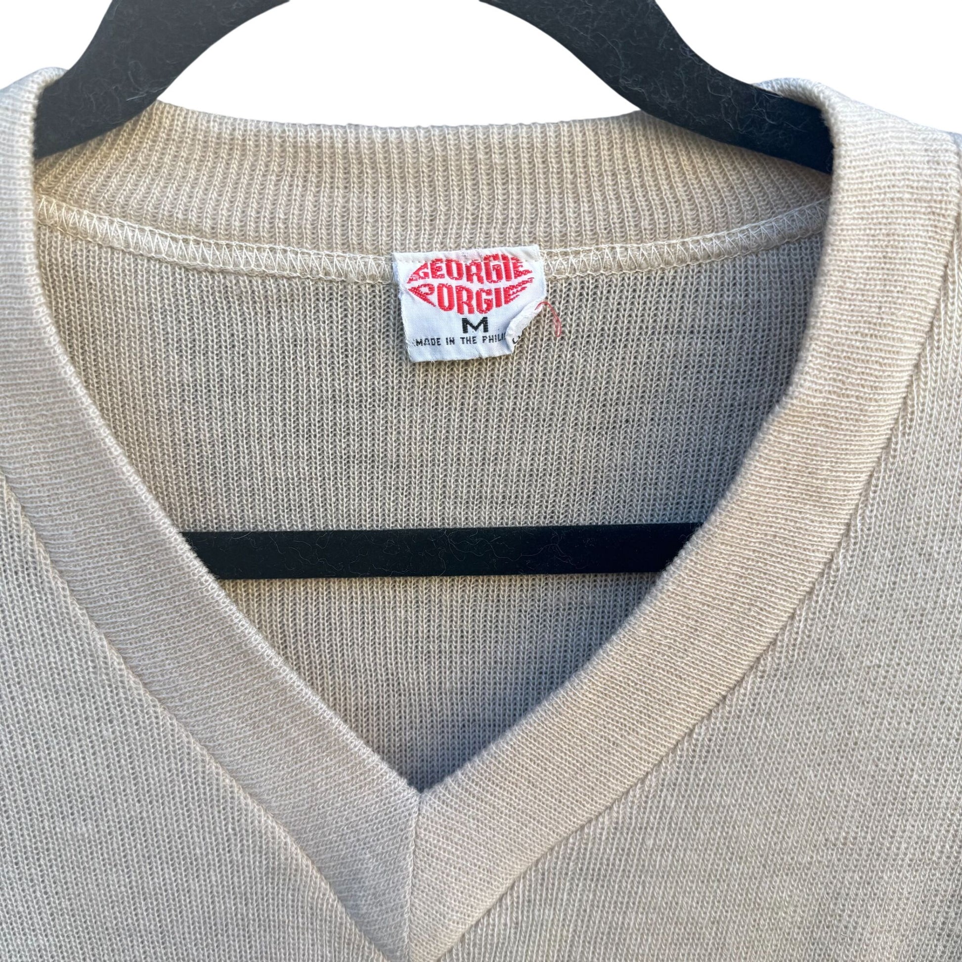 Georgie Porgie Vintage 70s 80s Womens Beige Brown Striped V-Neck Sweater Retro S