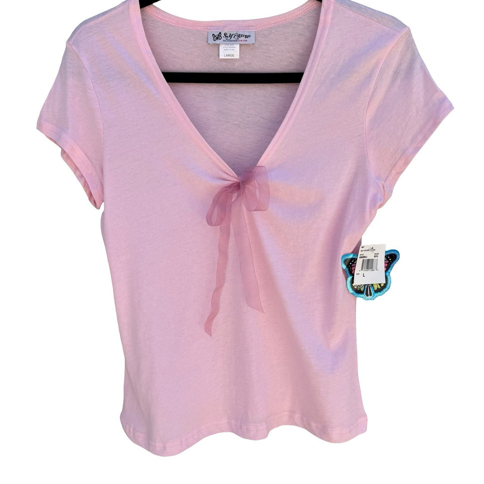 Self Esteem Y2K Coquette Pastel Pink Balletcore Fairy Bow Shirt Womens L NWT