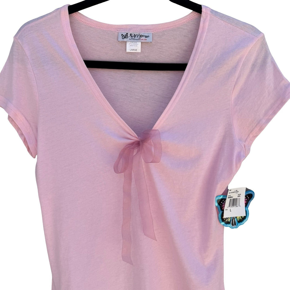 Self Esteem Y2K Coquette Pastel Pink Balletcore Fairy Bow Shirt Womens L NWT