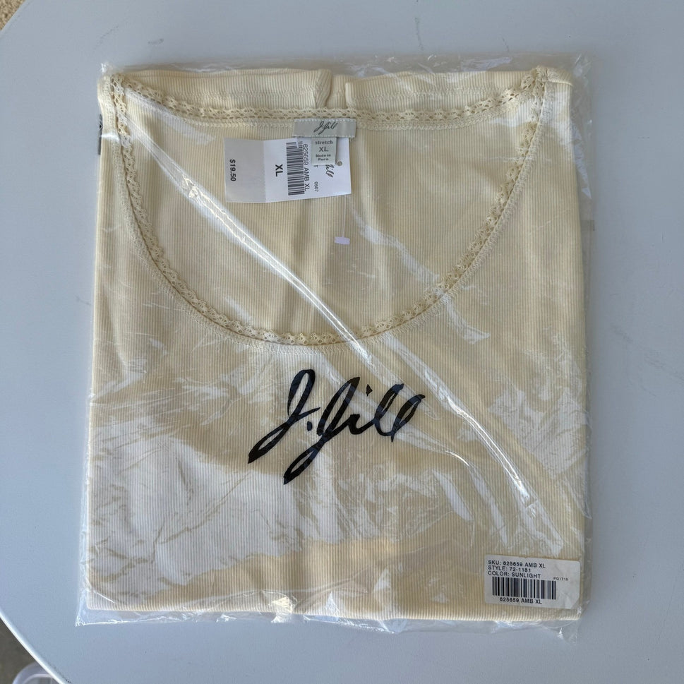 J Jill Coquette Cottagecore Lace Trim Ribbed Tank Top Butter Yellow XL NWT