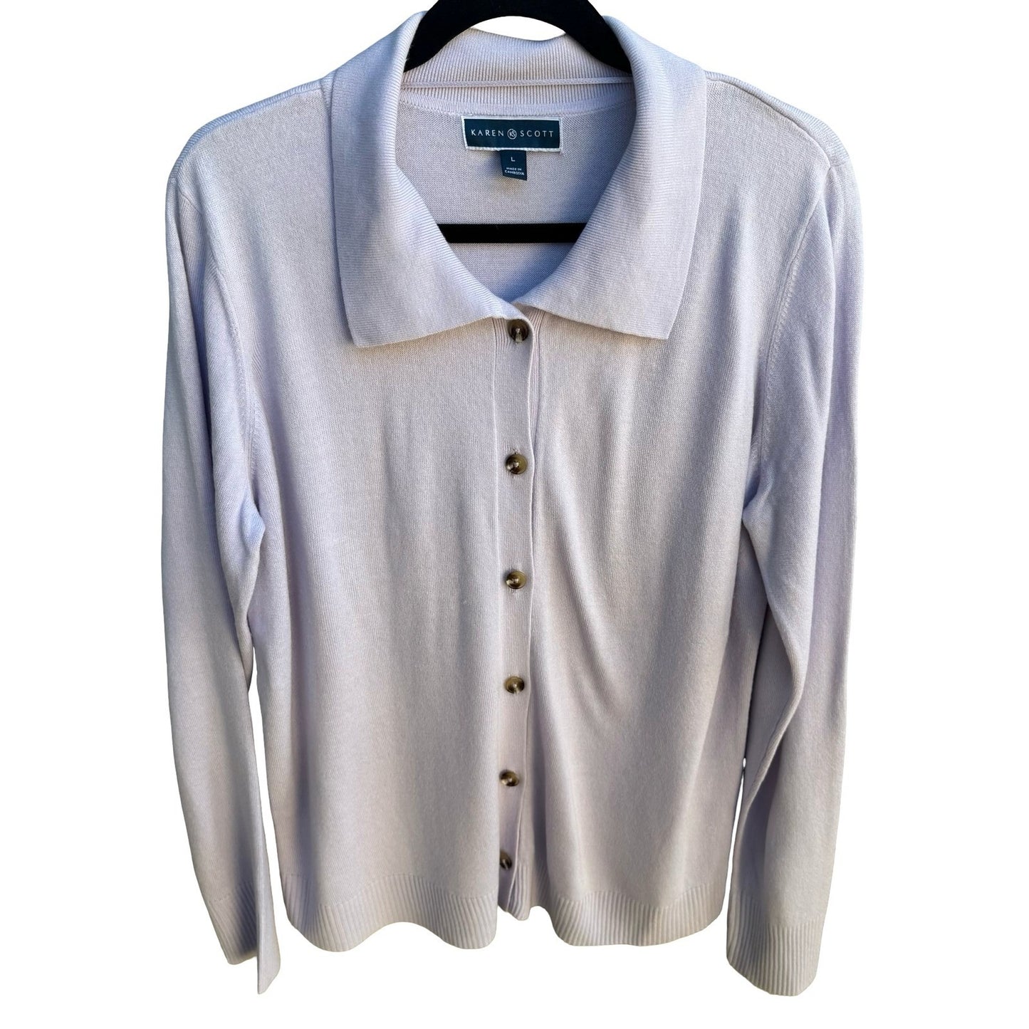 Karen Scott Grandmacore Librarian Preppy Pastel Lavender Polo Collar Cardigan L