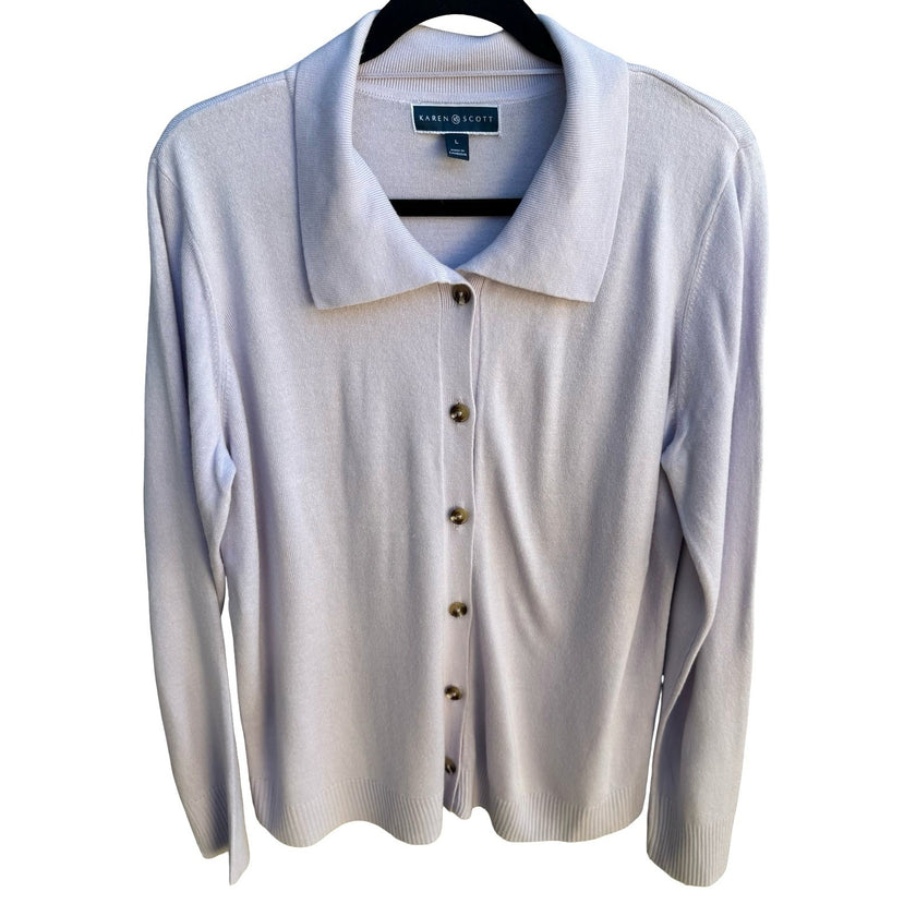 Karen Scott Grandmacore Librarian Preppy Pastel Lavender Polo Collar Cardigan L