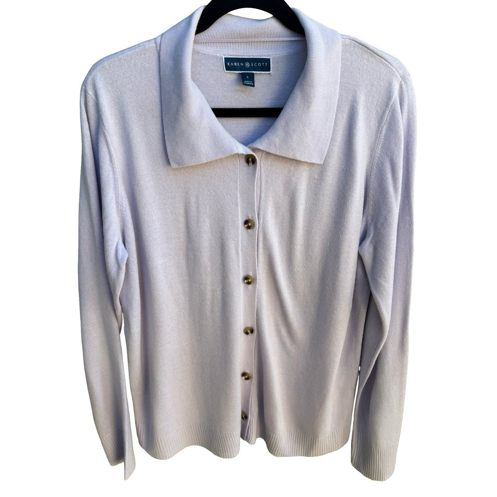 Karen Scott Grandmacore Librarian Preppy Pastel Lavender Polo Collar Cardigan L