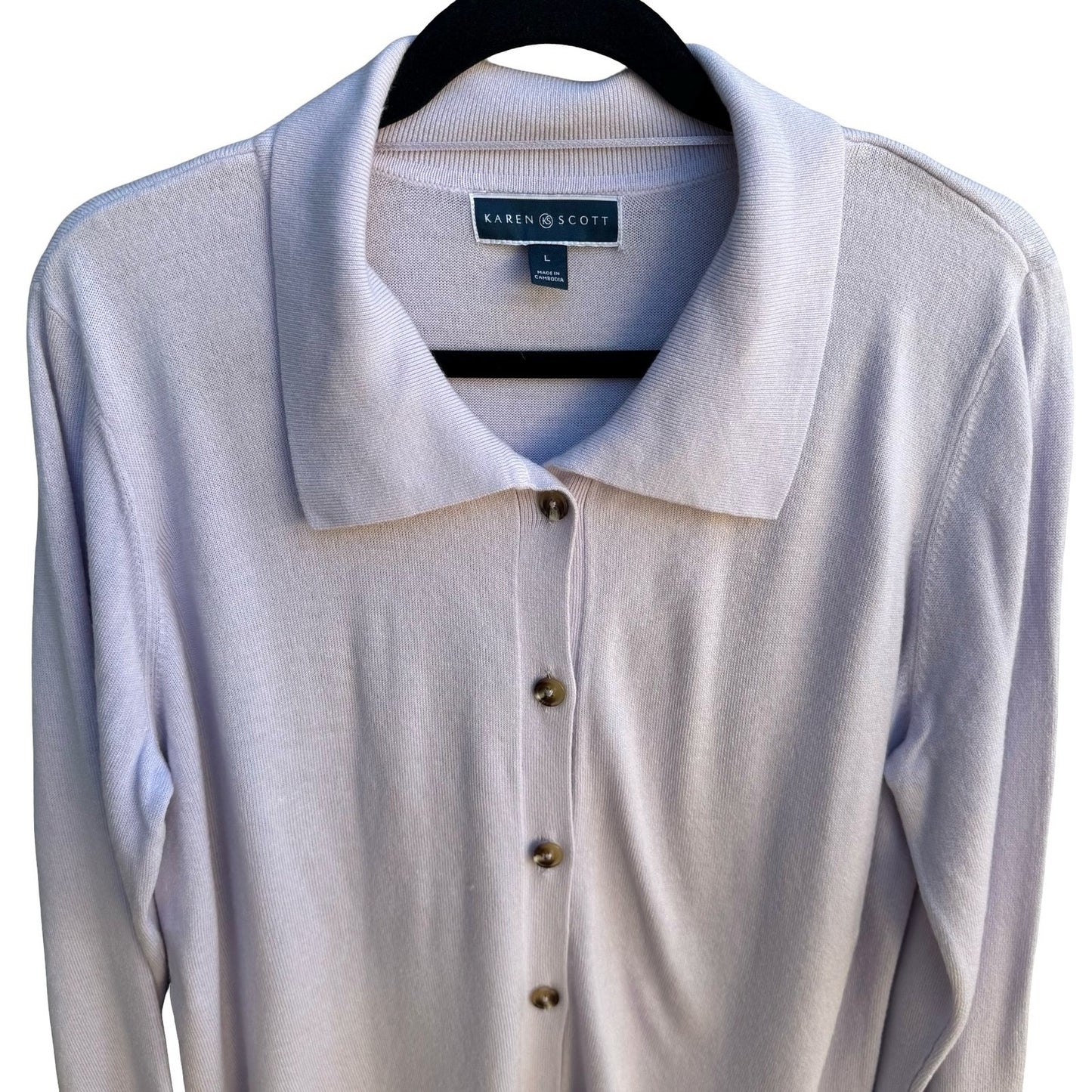 Karen Scott Grandmacore Librarian Preppy Pastel Lavender Polo Collar Cardigan L