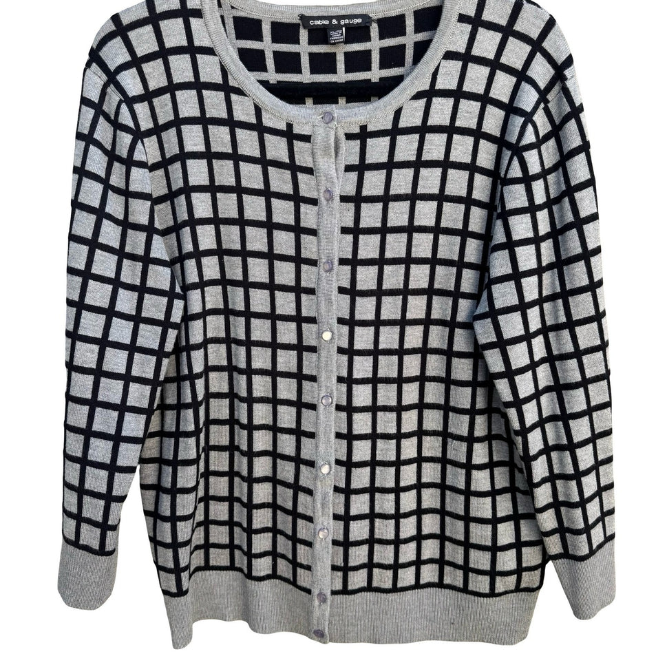 Cable & Gauge Grey Black Grid Button Front Preppy Cardigan Sweater XL Windowpane