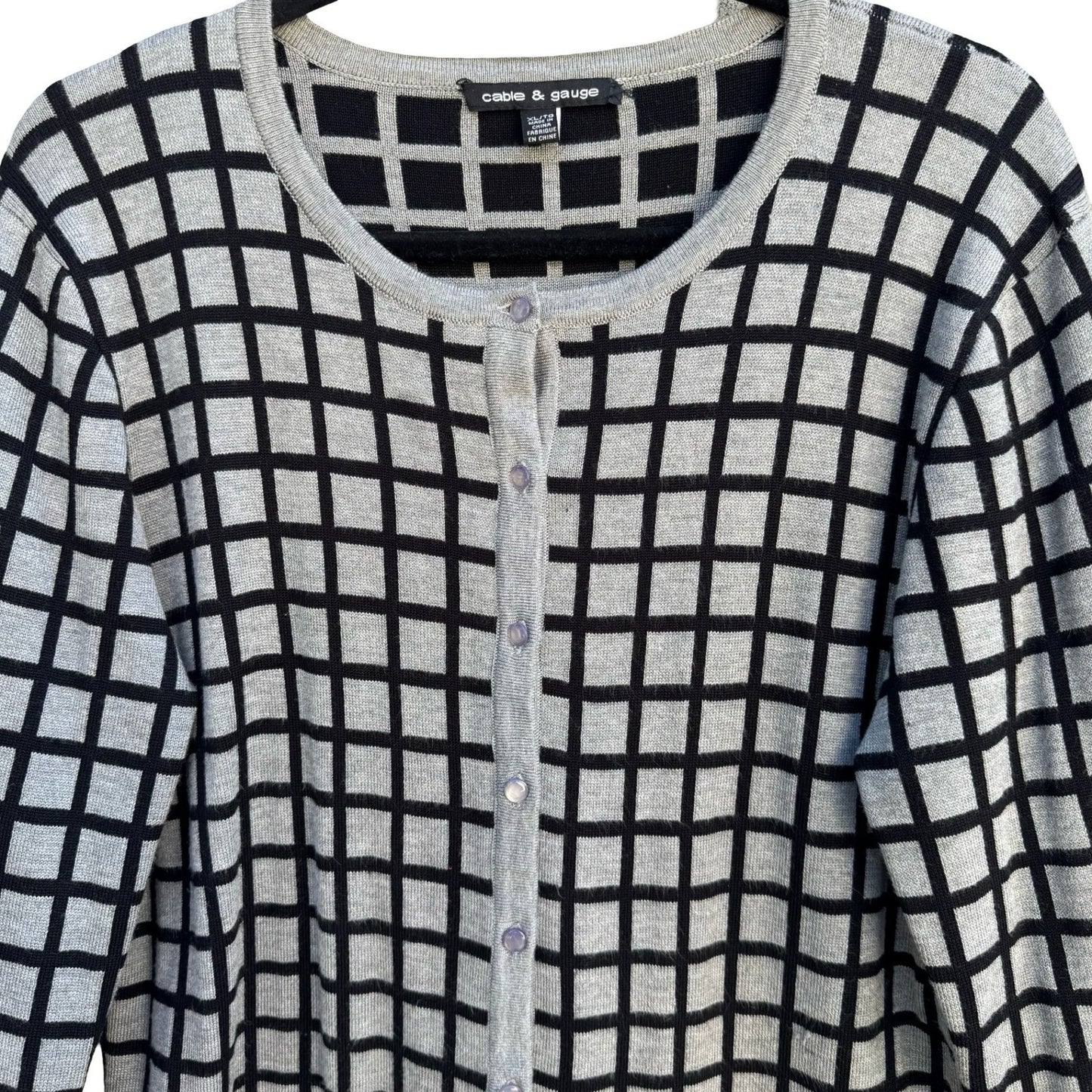 Cable & Gauge Grey Black Grid Button Front Preppy Cardigan Sweater XL Windowpane