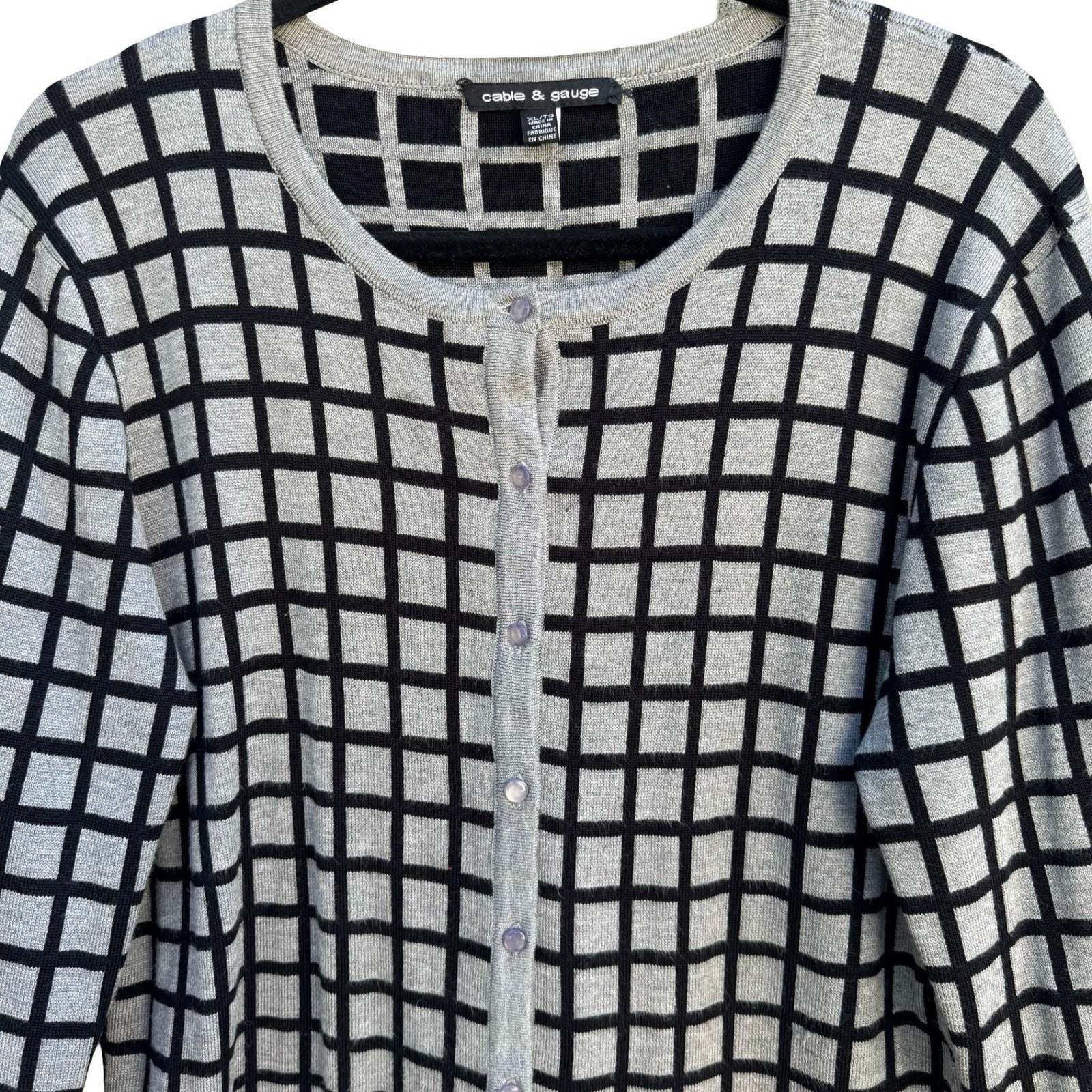 Cable & Gauge Grey Black Grid Button Front Preppy Cardigan Sweater XL Windowpane
