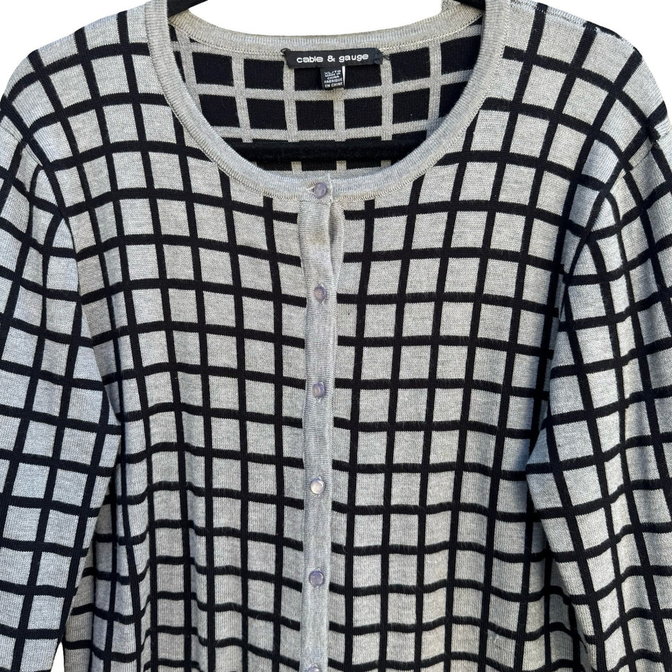 Cable & Gauge Grey Black Grid Button Front Preppy Cardigan Sweater XL Windowpane