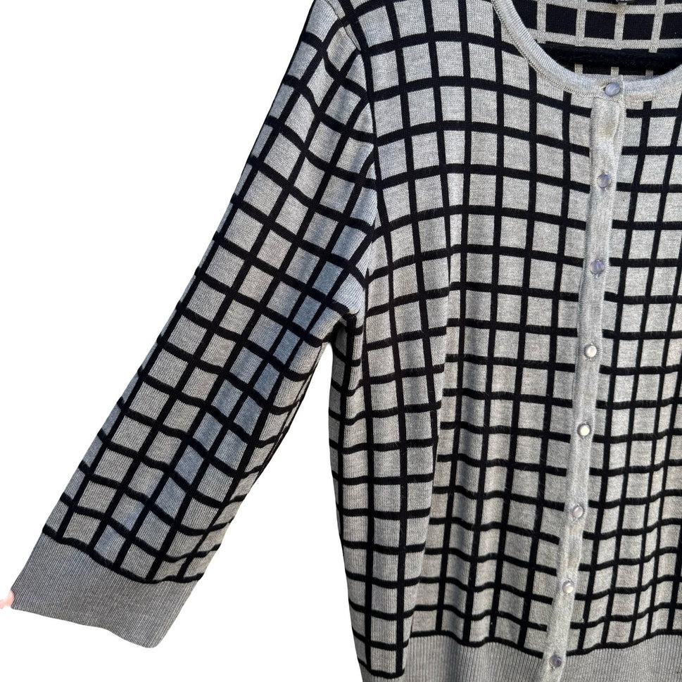 Cable & Gauge Grey Black Grid Button Front Preppy Cardigan Sweater XL Windowpane