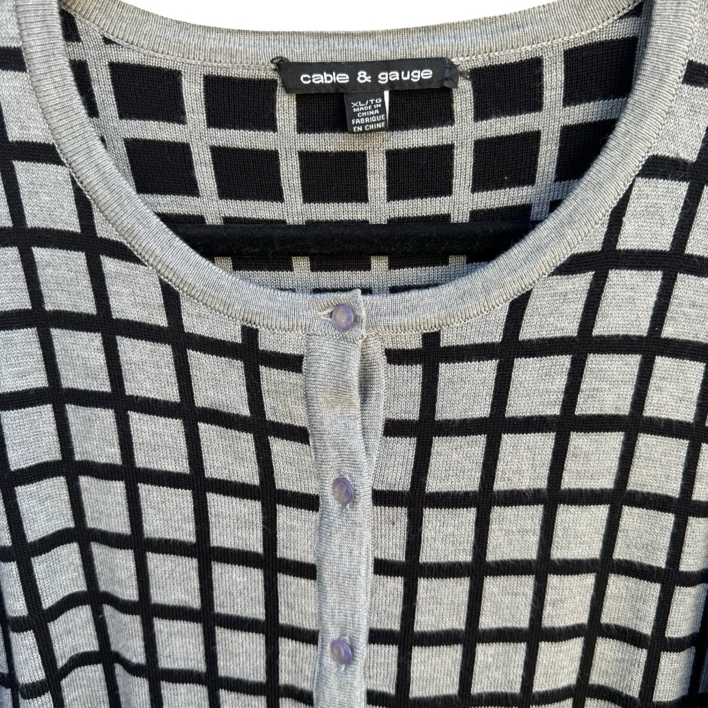 Cable & Gauge Grey Black Grid Button Front Preppy Cardigan Sweater XL Windowpane