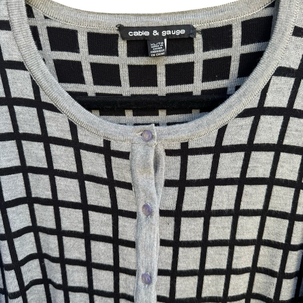 Cable & Gauge Grey Black Grid Button Front Preppy Cardigan Sweater XL Windowpane