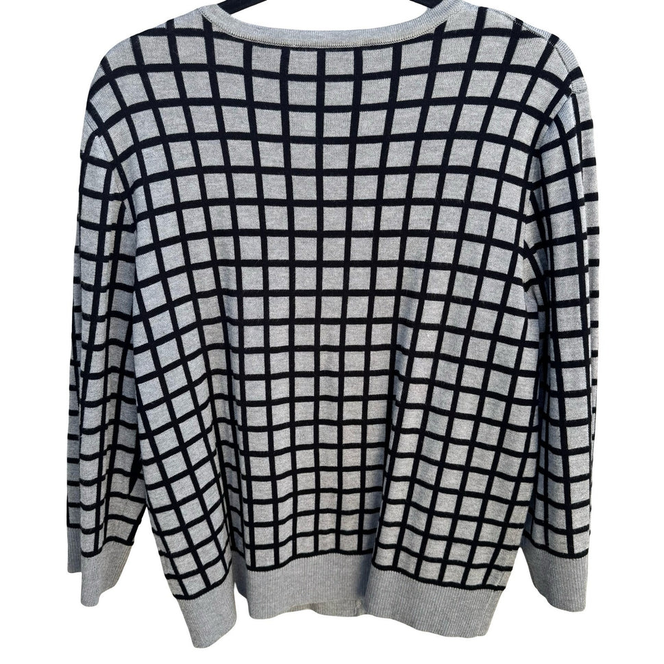 Cable & Gauge Grey Black Grid Button Front Preppy Cardigan Sweater XL Windowpane