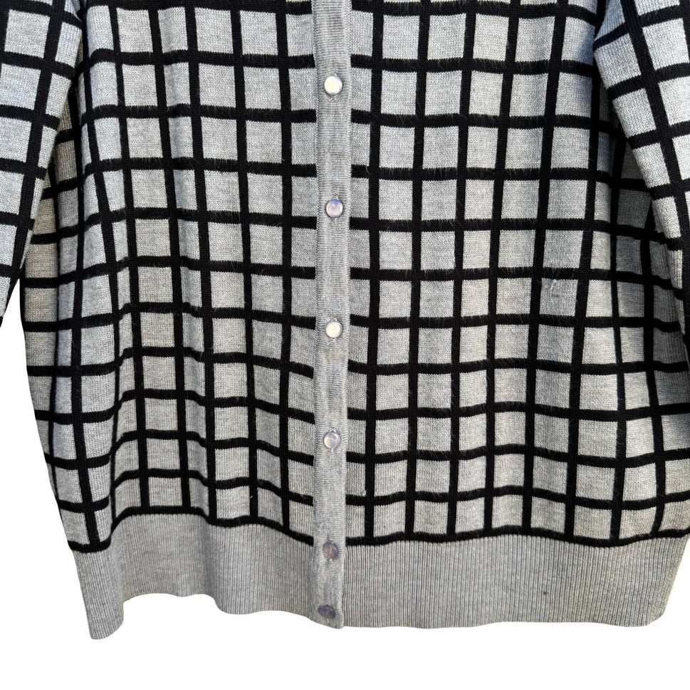 Cable & Gauge Grey Black Grid Button Front Preppy Cardigan Sweater XL Windowpane