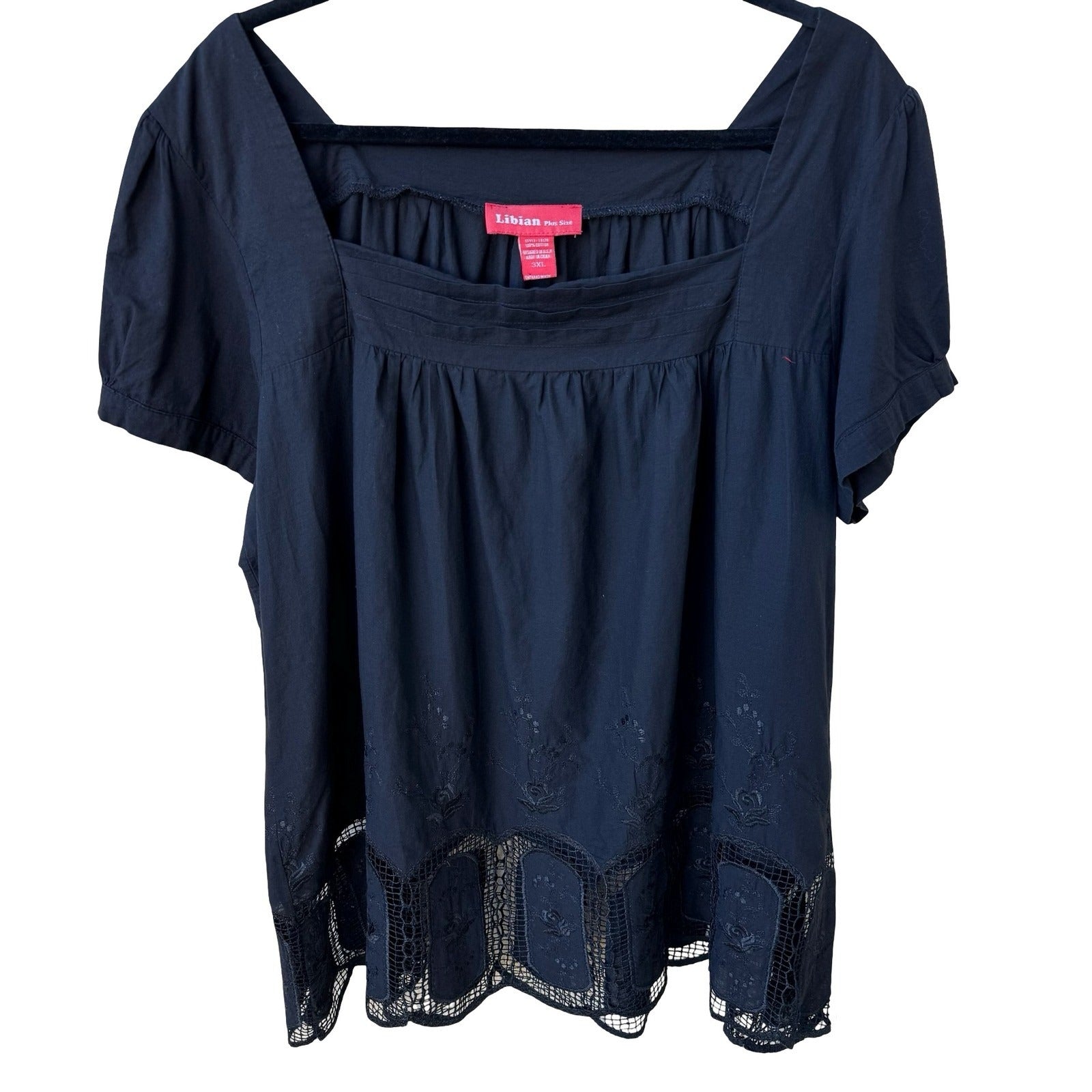 Libian Plus Size 3XL Black Cotton Embroidered Crochet Lace Peasant Blouse 1B128