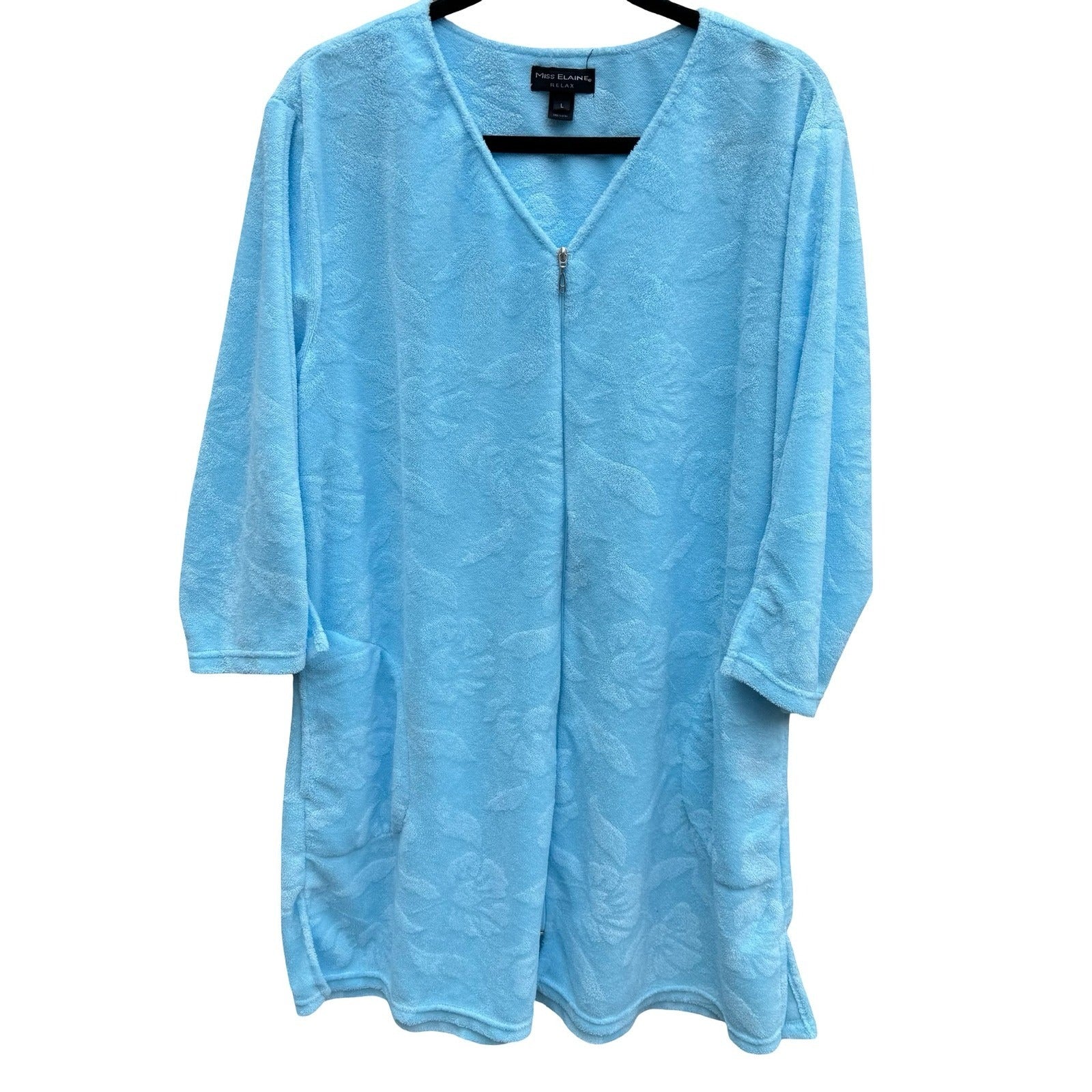 Miss Elaine Relax Blue Floral Embossed Terry Cloth Zip Front Robe L Loungewear