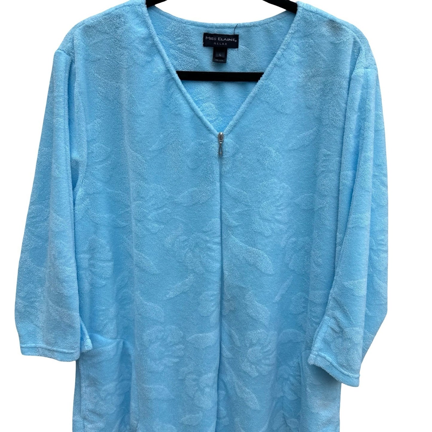 Miss Elaine Relax Blue Floral Embossed Terry Cloth Zip Front Robe L Loungewear
