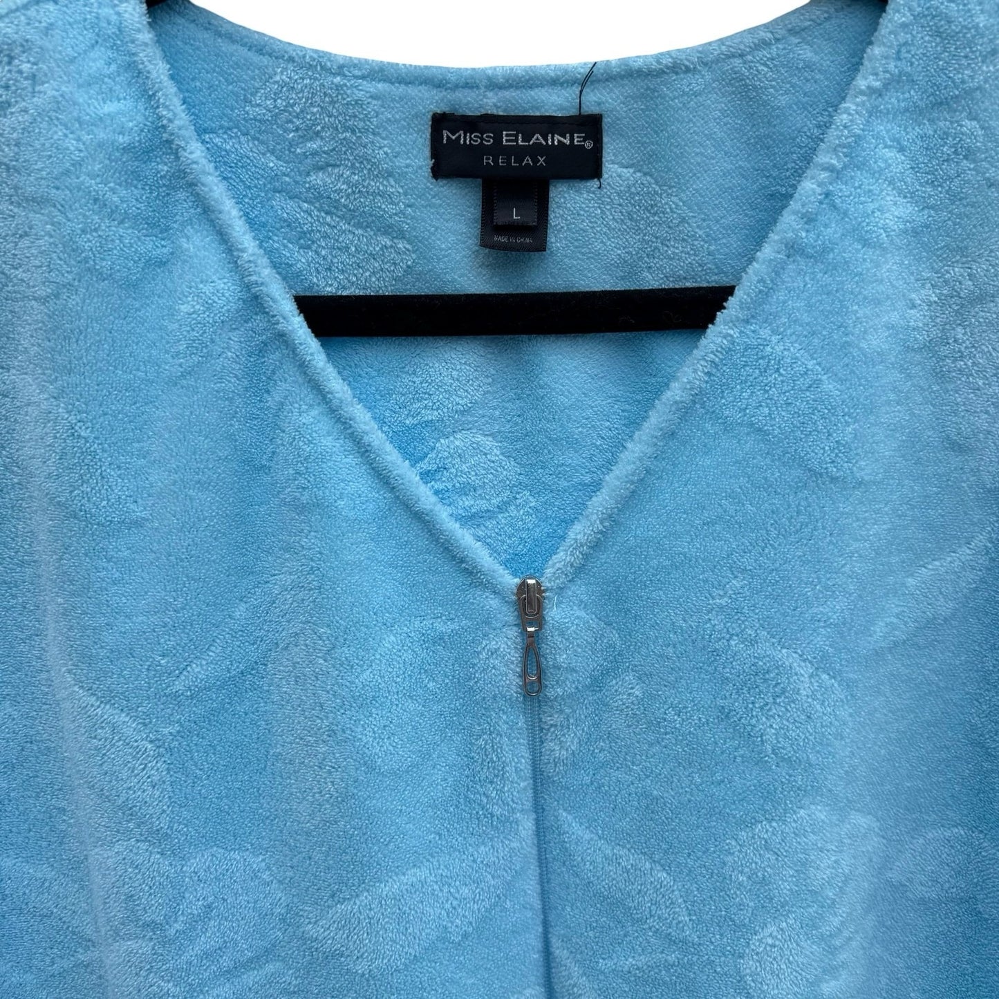 Miss Elaine Relax Blue Floral Embossed Terry Cloth Zip Front Robe L Loungewear