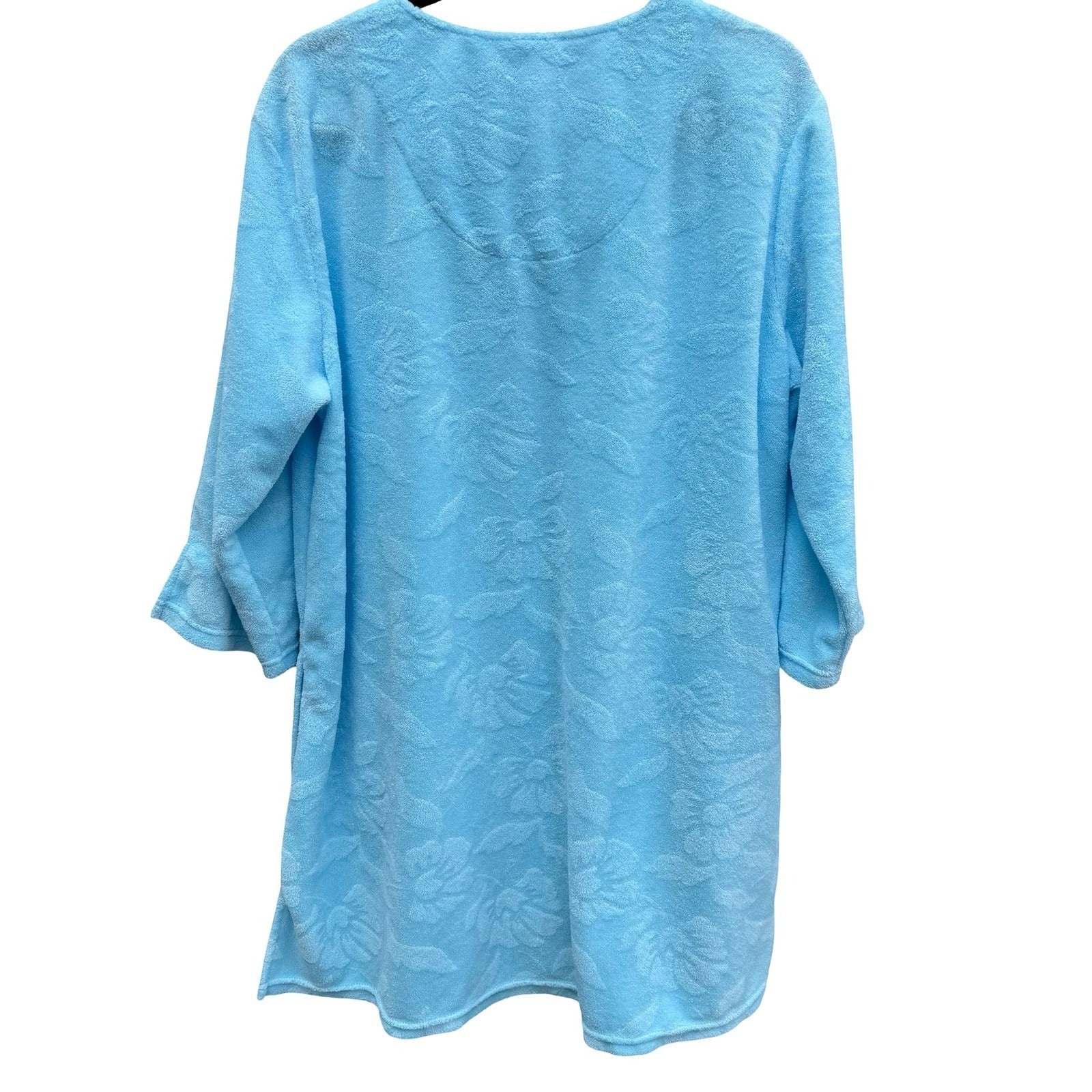 Miss Elaine Relax Blue Floral Embossed Terry Cloth Zip Front Robe L Loungewear