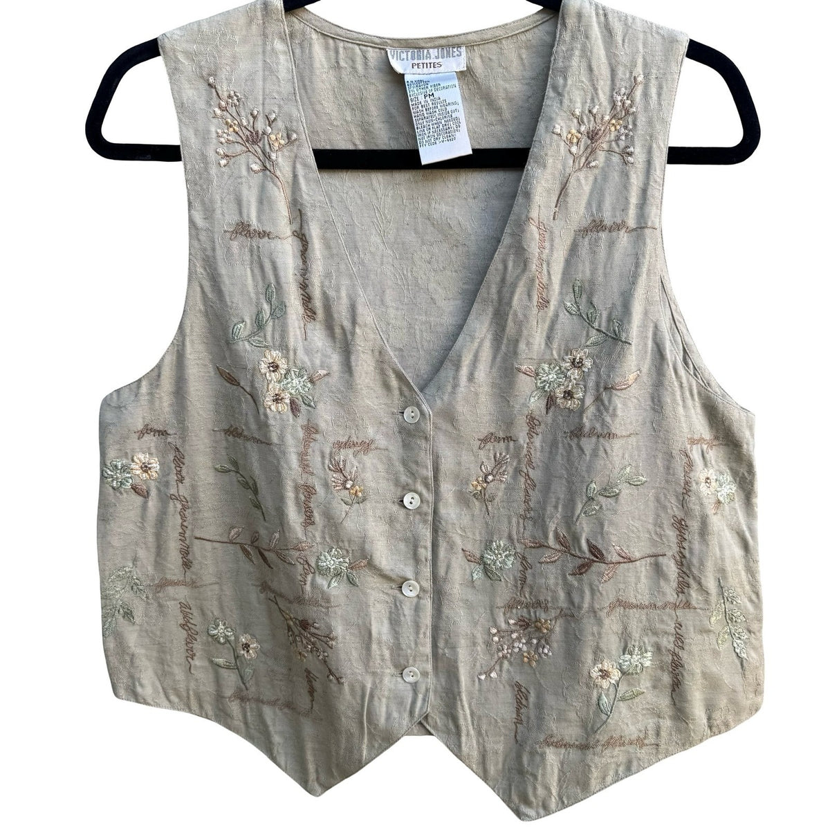 Victoria Jones Cottagecore Boho Shabby Chic Embroidered Floral Script Vest Tan M