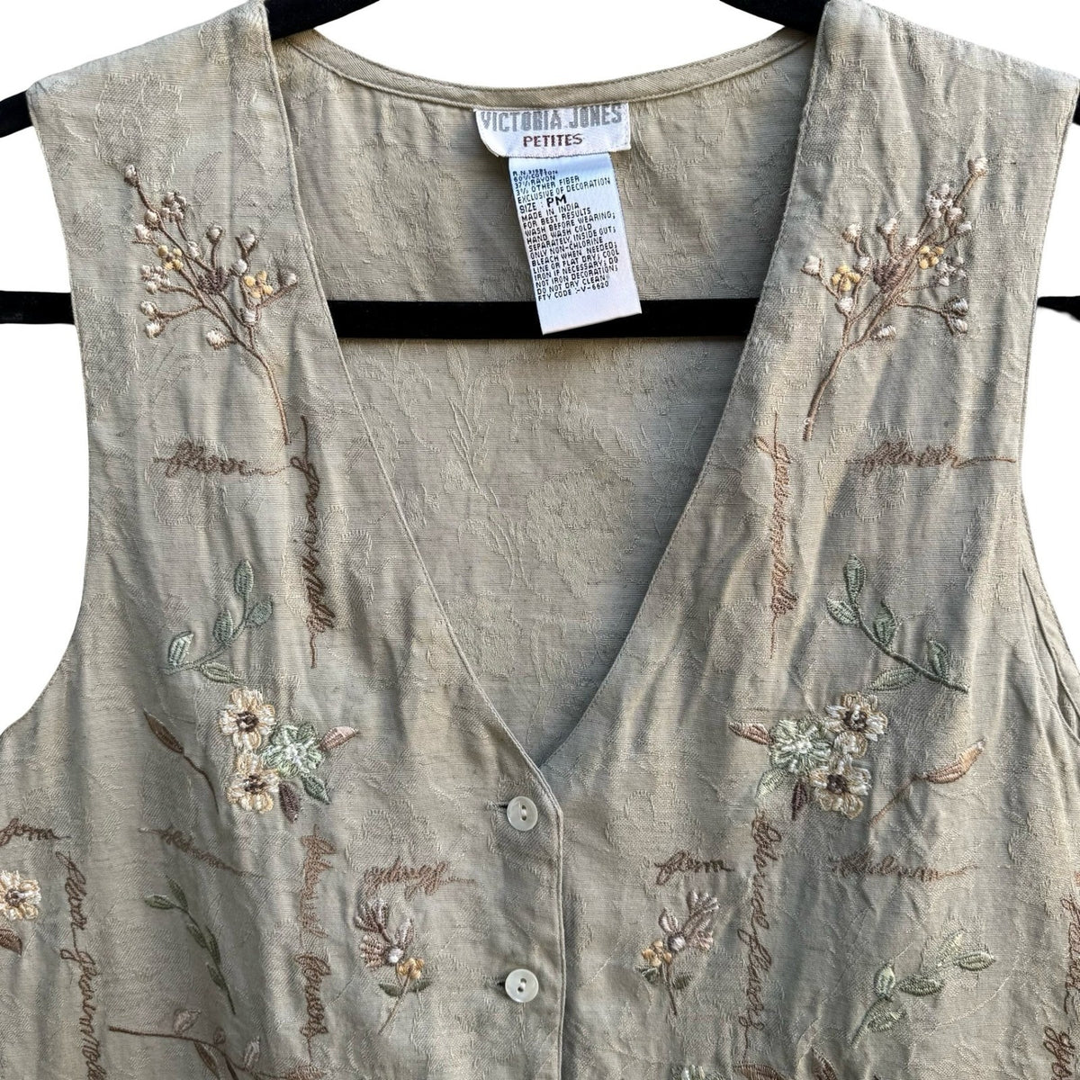 Victoria Jones Cottagecore Boho Shabby Chic Embroidered Floral Script Vest Tan M