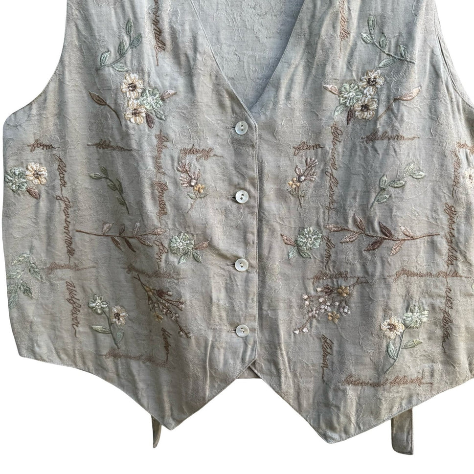 Victoria Jones Cottagecore Boho Shabby Chic Embroidered Floral Script Vest Tan M