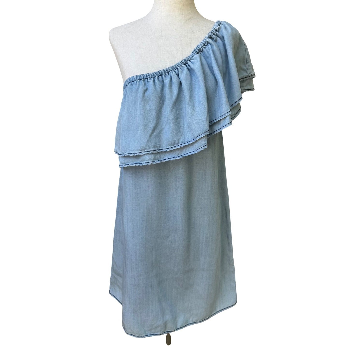 BB Dakota One Shoulder Ruffle Chambray Coastal Beachy Festival Mini Dress Blue S