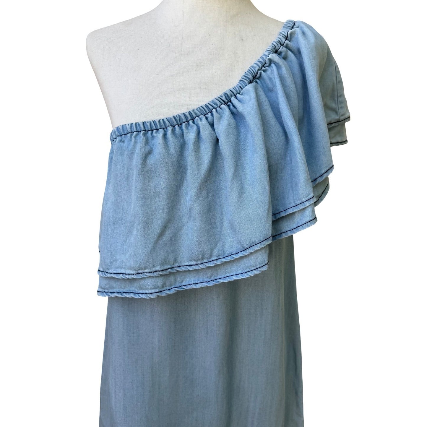 BB Dakota One Shoulder Ruffle Chambray Coastal Beachy Festival Mini Dress Blue S