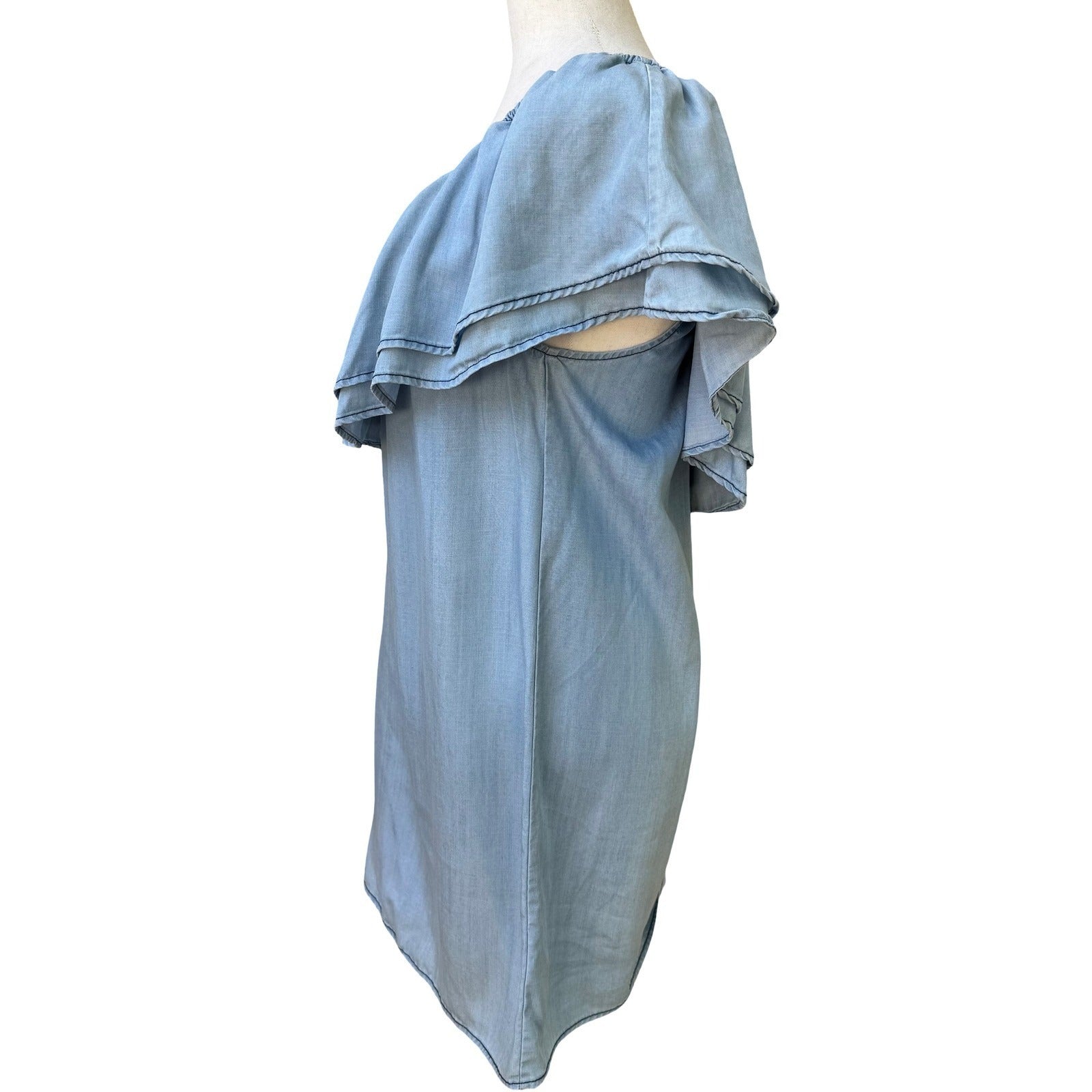 BB Dakota One Shoulder Ruffle Chambray Coastal Beachy Festival Mini Dress Blue S