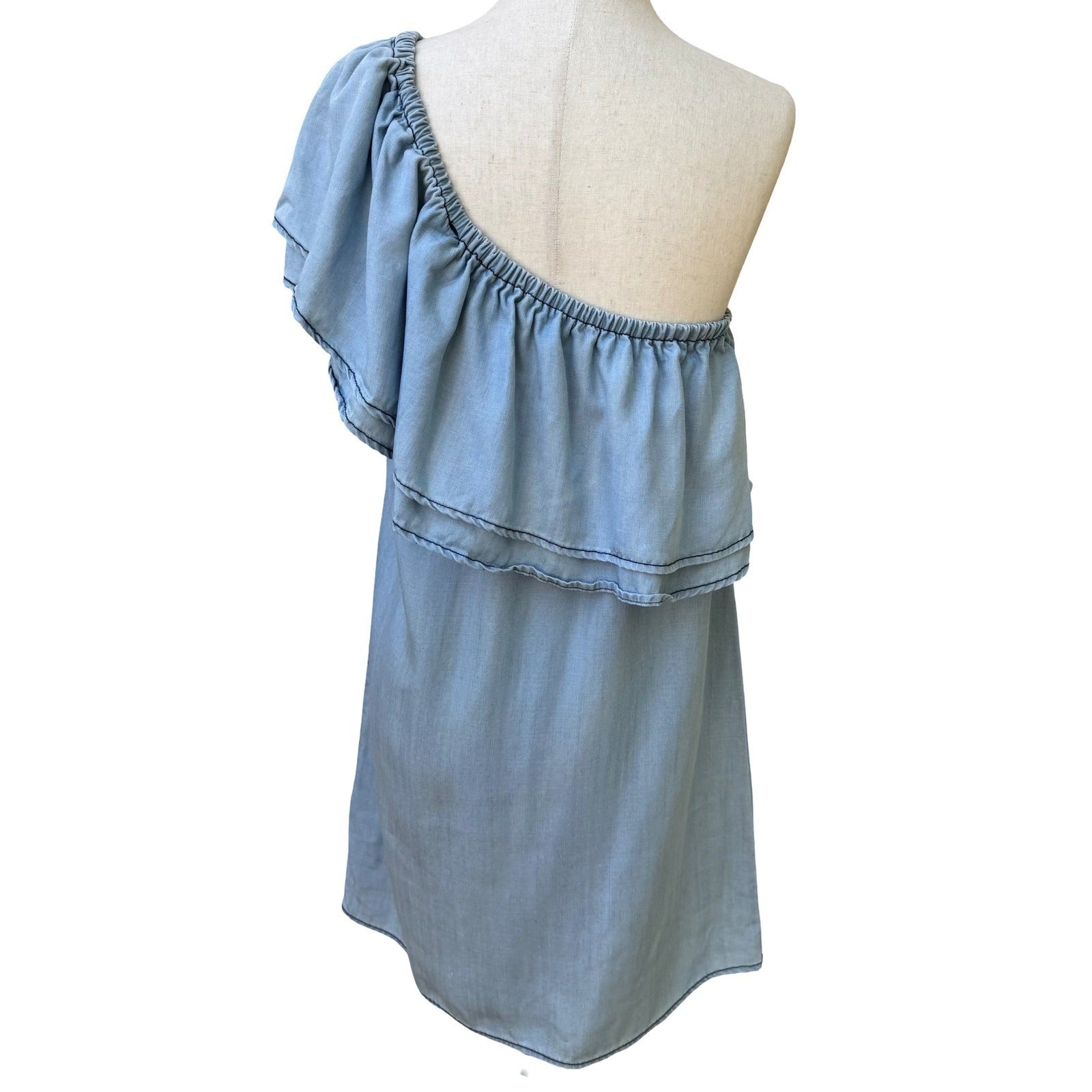 BB Dakota One Shoulder Ruffle Chambray Coastal Beachy Festival Mini Dress Blue S