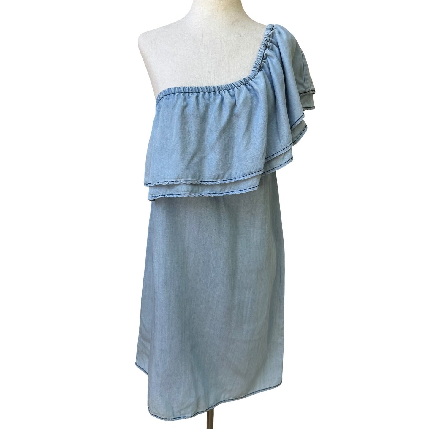 BB Dakota One Shoulder Ruffle Chambray Coastal Beachy Festival Mini Dress Blue S
