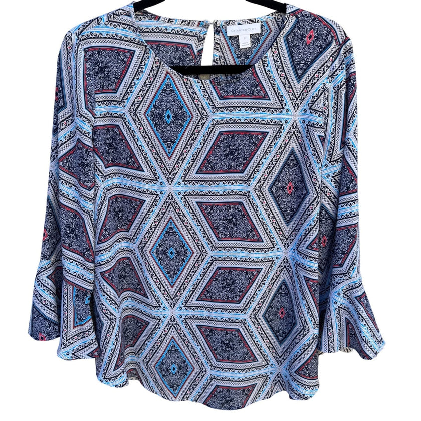 Charter Club Womens S Boat Neck Blue Geometric Diamond Bell Sleeve Blouse Top