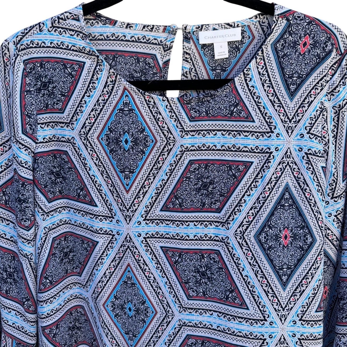 Charter Club Womens S Boat Neck Blue Geometric Diamond Bell Sleeve Blouse Top