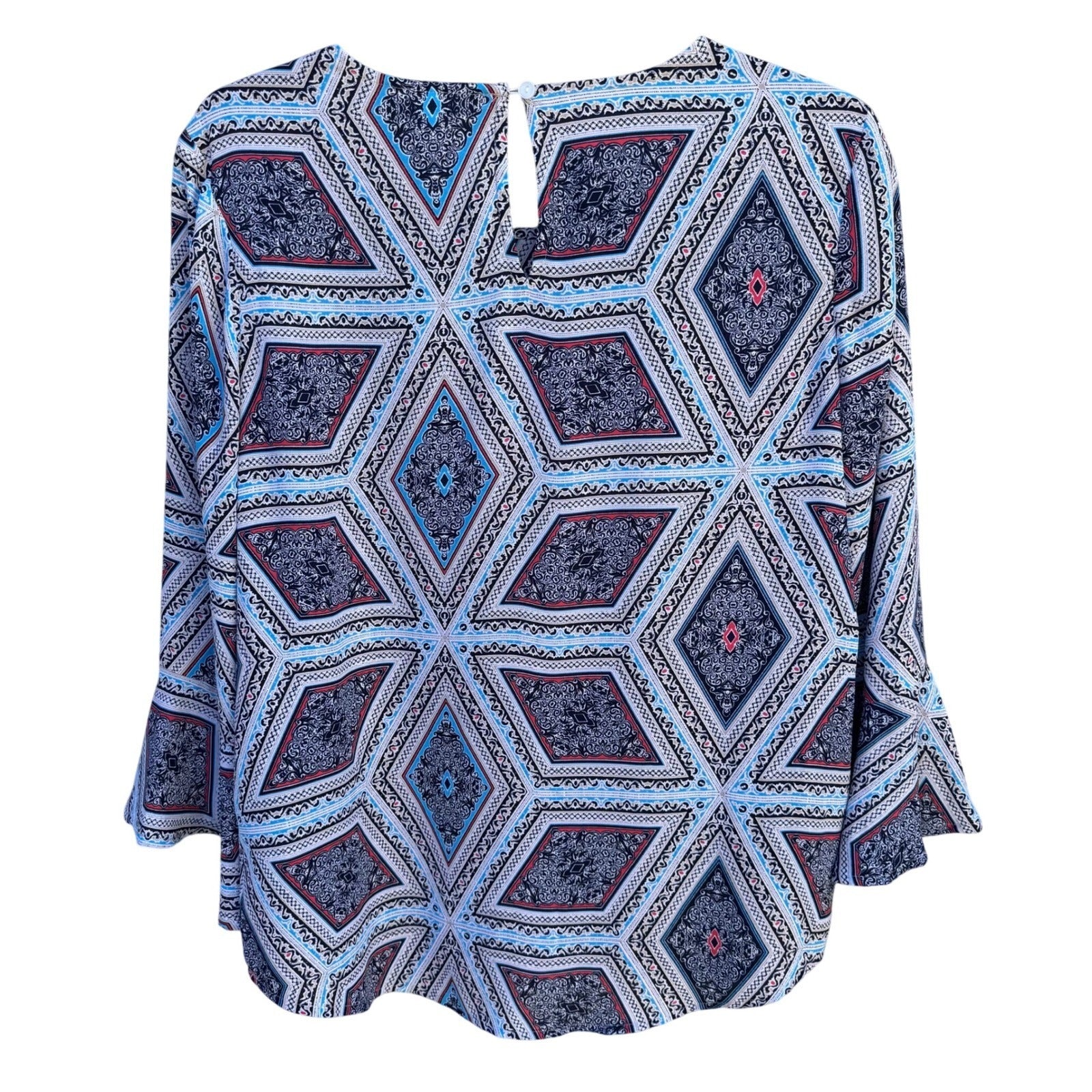 Charter Club Womens S Boat Neck Blue Geometric Diamond Bell Sleeve Blouse Top