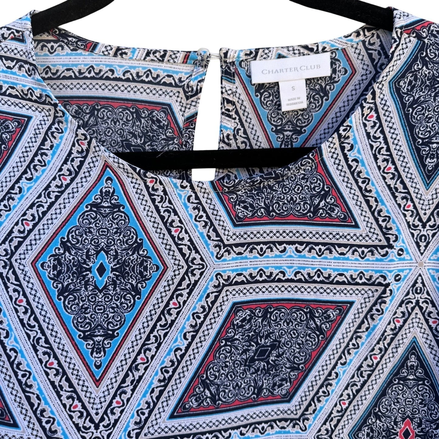 Charter Club Womens S Boat Neck Blue Geometric Diamond Bell Sleeve Blouse Top