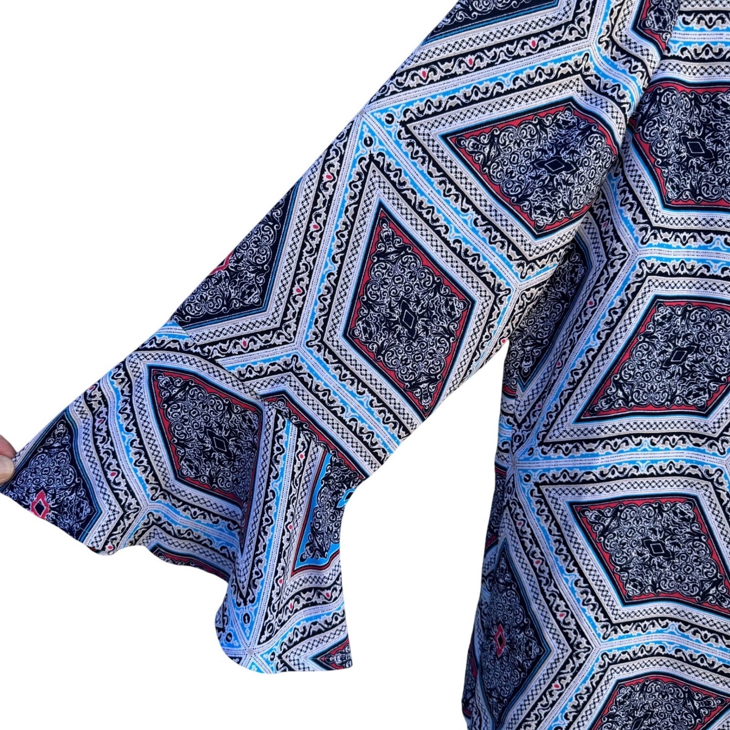 Charter Club Womens S Boat Neck Blue Geometric Diamond Bell Sleeve Blouse Top