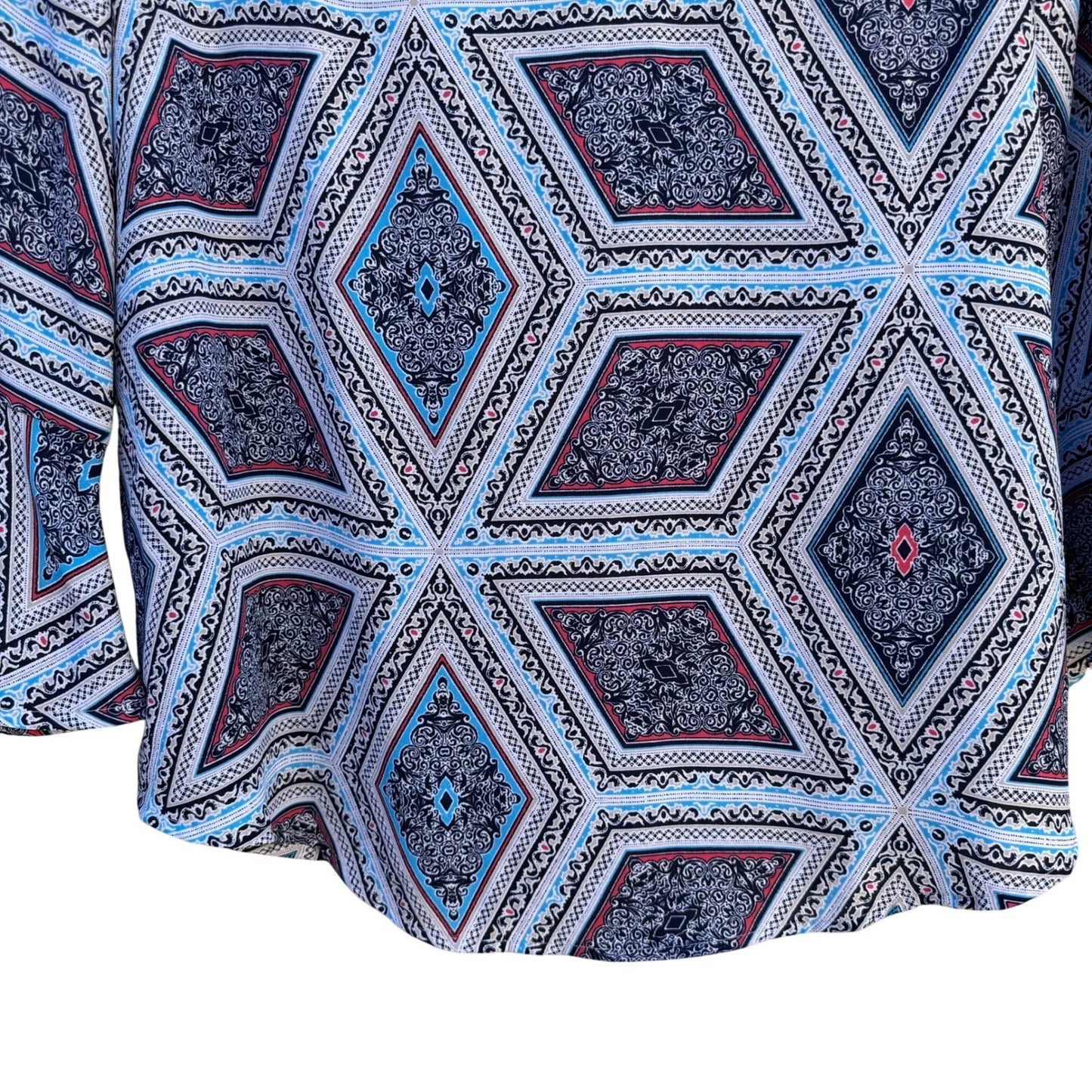 Charter Club Womens S Boat Neck Blue Geometric Diamond Bell Sleeve Blouse Top