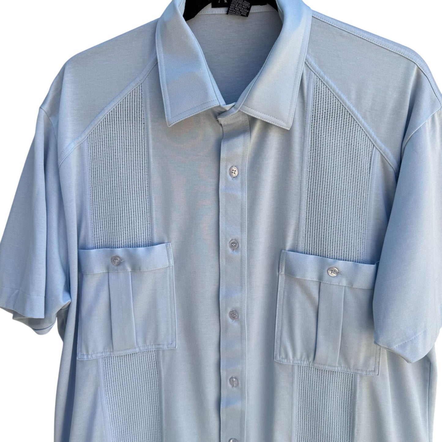 Alan Stuart Vintage 70s Mens Blue Guayabera Woven Panels Short Sleeve Shirt L