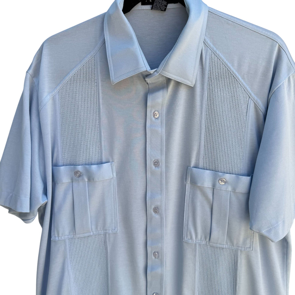 Alan Stuart Vintage 70s Mens Blue Guayabera Woven Panels Short Sleeve Shirt L