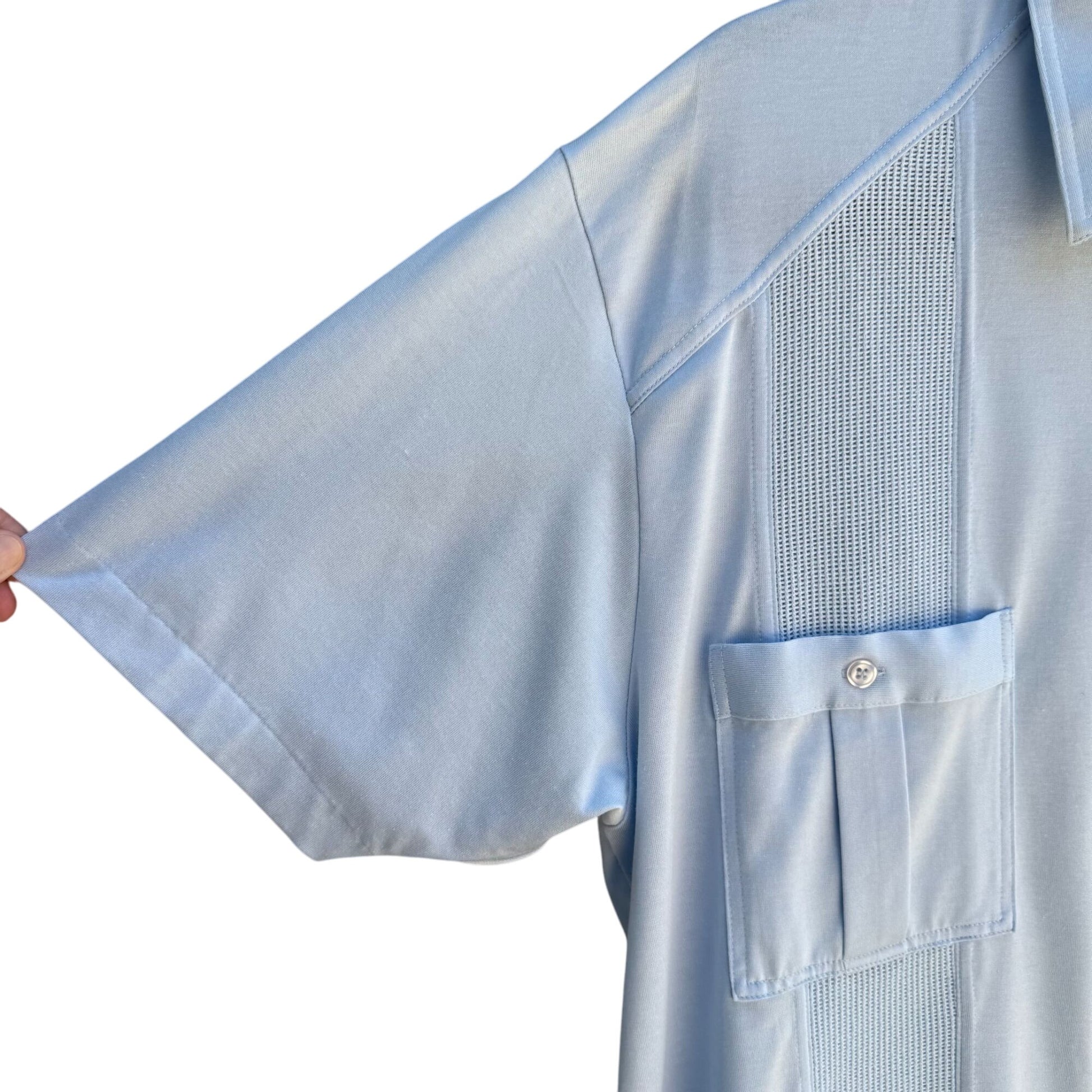 Alan Stuart Vintage 70s Mens Blue Guayabera Woven Panels Short Sleeve Shirt L