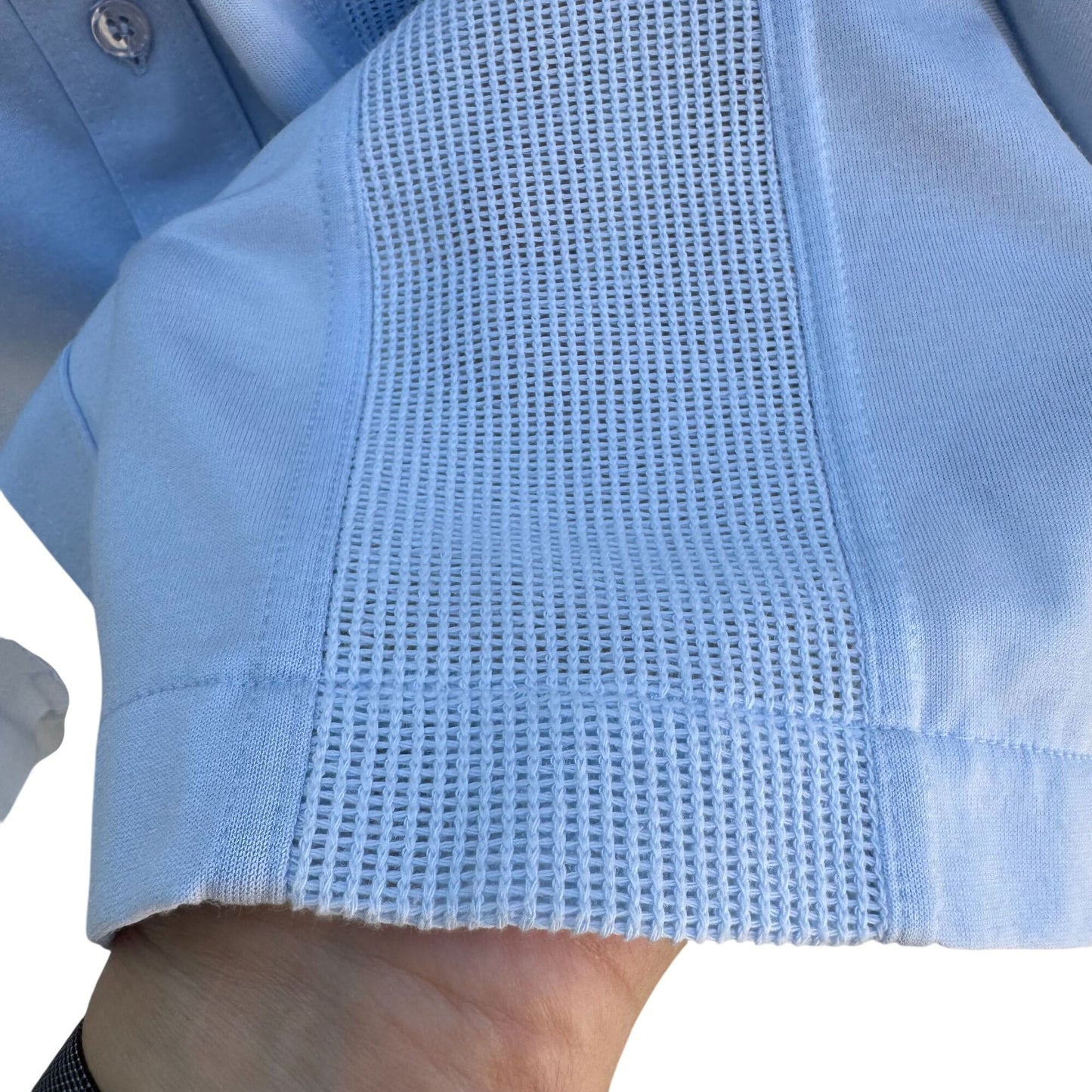 Alan Stuart Vintage 70s Mens Blue Guayabera Woven Panels Short Sleeve Shirt L