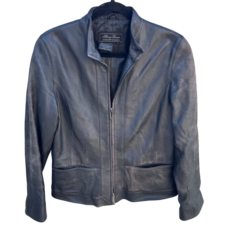 Terry Lewis Vintage Womens Black Distressed Leather Moto Biker Jacket 1/2 Zip