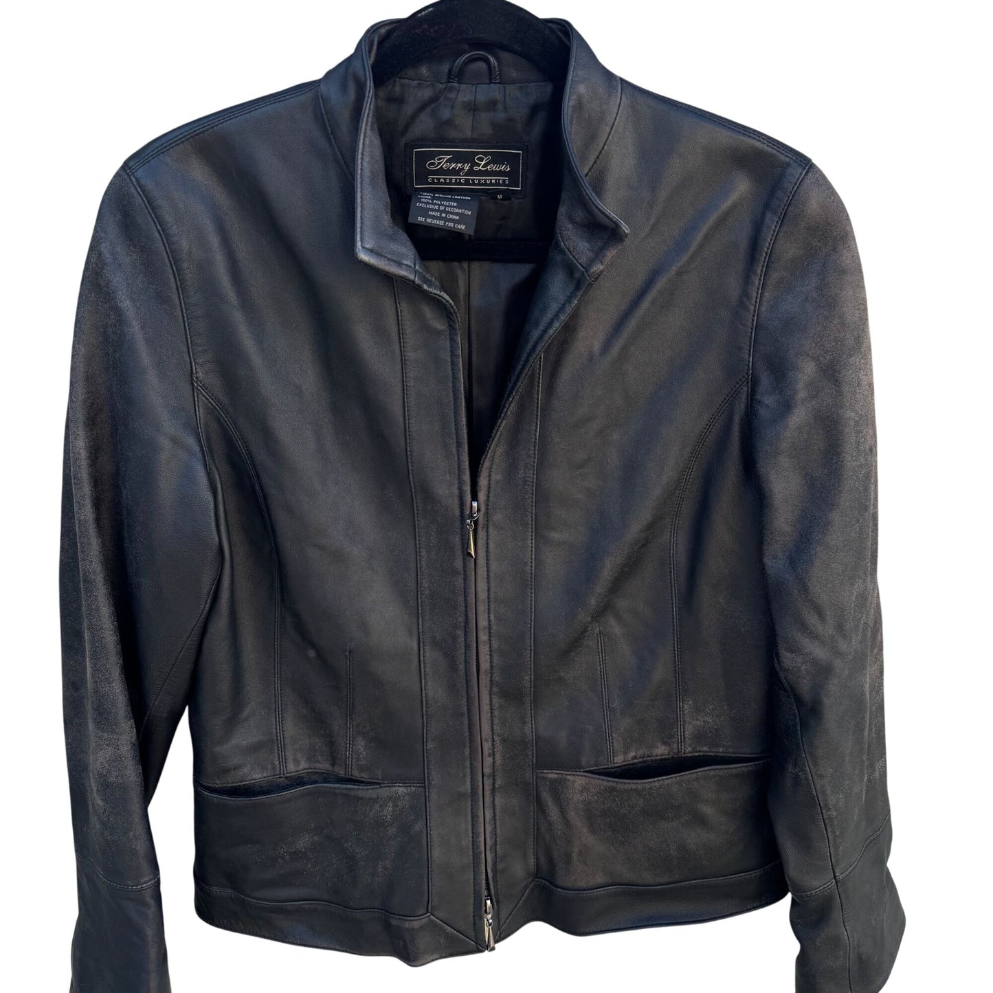 Terry Lewis Vintage Womens Black Distressed Leather Moto Biker Jacket 1/2 Zip