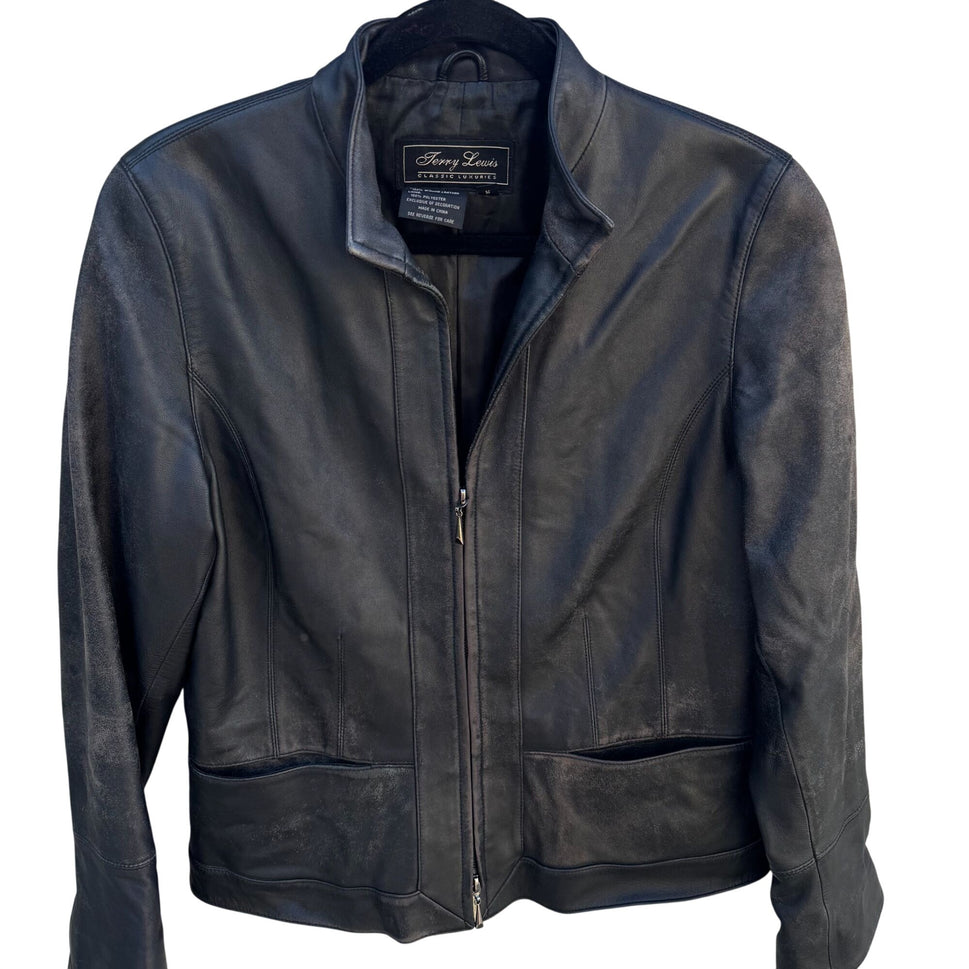 Terry Lewis Vintage Womens Black Distressed Leather Moto Biker Jacket 1/2 Zip