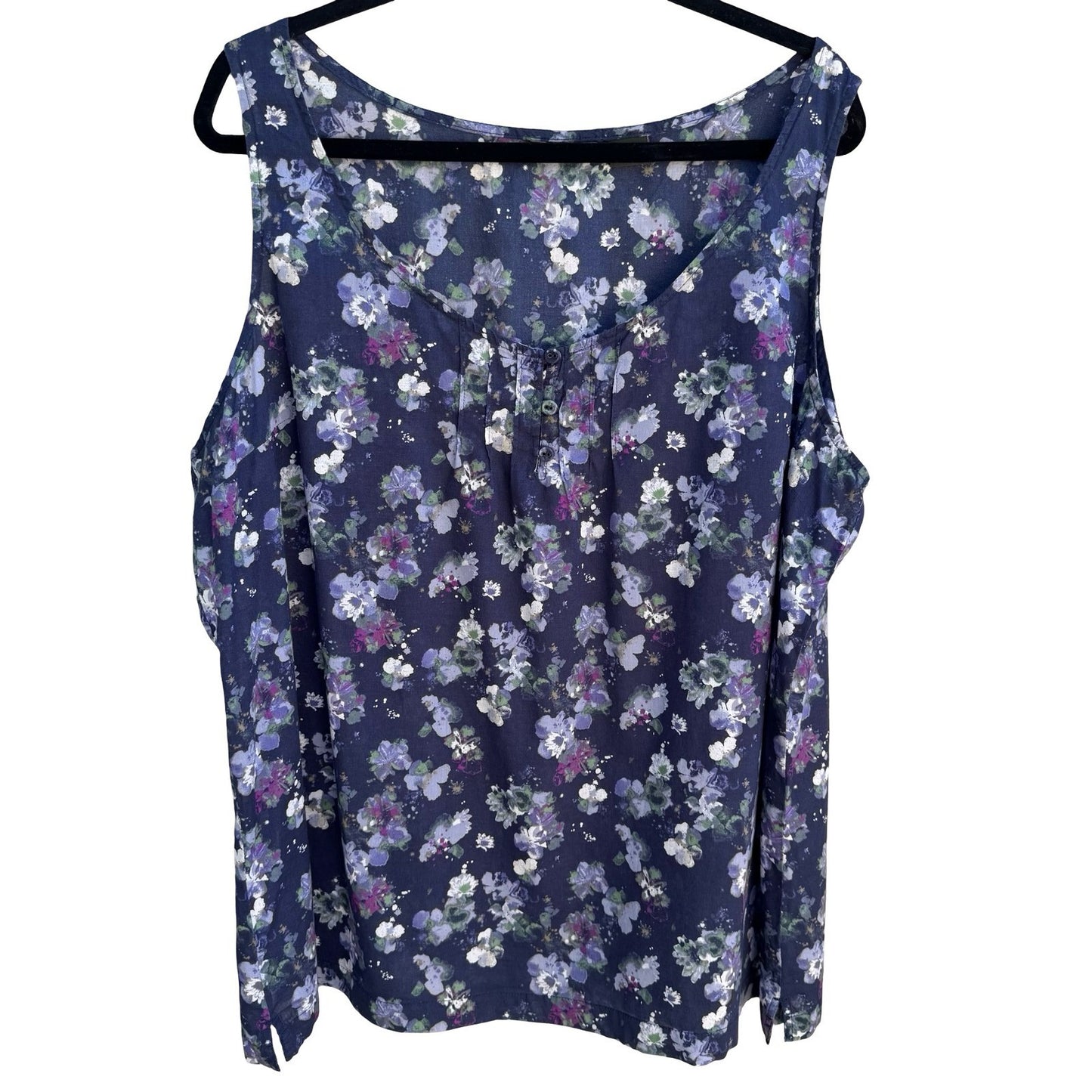 Eddie Bauer Navy Floral Cotton Sleeveless Top Pleated Boho Cottage Womens XXL