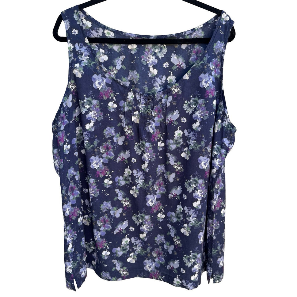 Eddie Bauer Navy Floral Cotton Sleeveless Top Pleated Boho Cottage Womens XXL