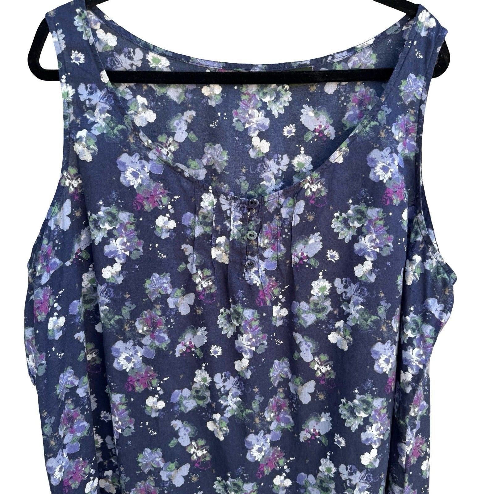 Eddie Bauer Navy Floral Cotton Sleeveless Top Pleated Boho Cottage Womens XXL