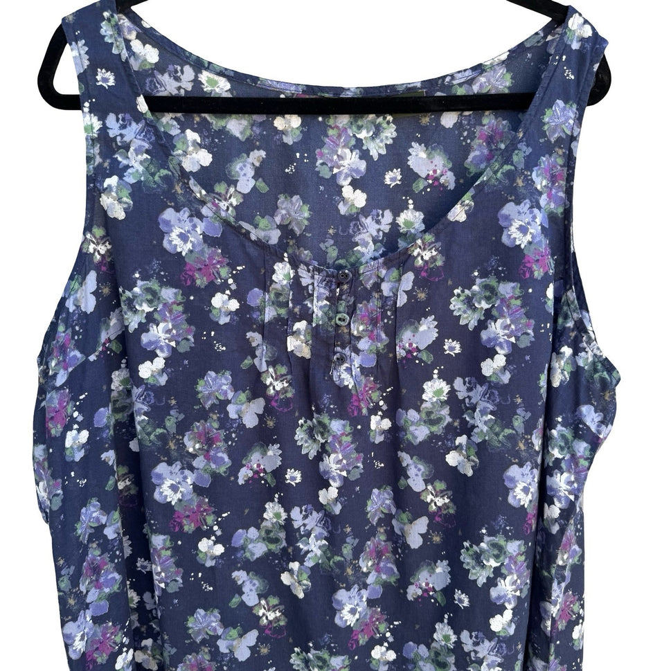 Eddie Bauer Navy Floral Cotton Sleeveless Top Pleated Boho Cottage Womens XXL