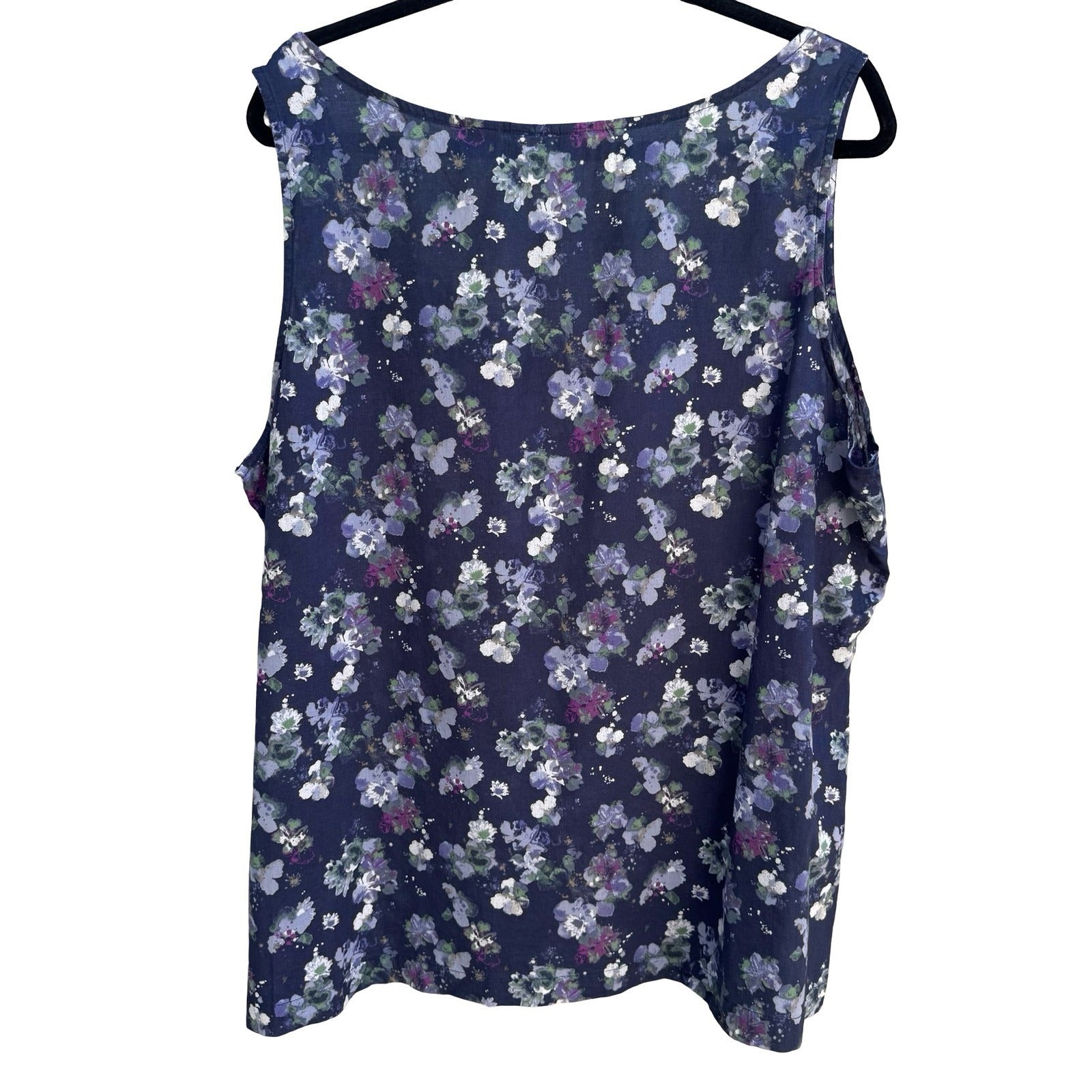 Eddie Bauer Navy Floral Cotton Sleeveless Top Pleated Boho Cottage Womens XXL