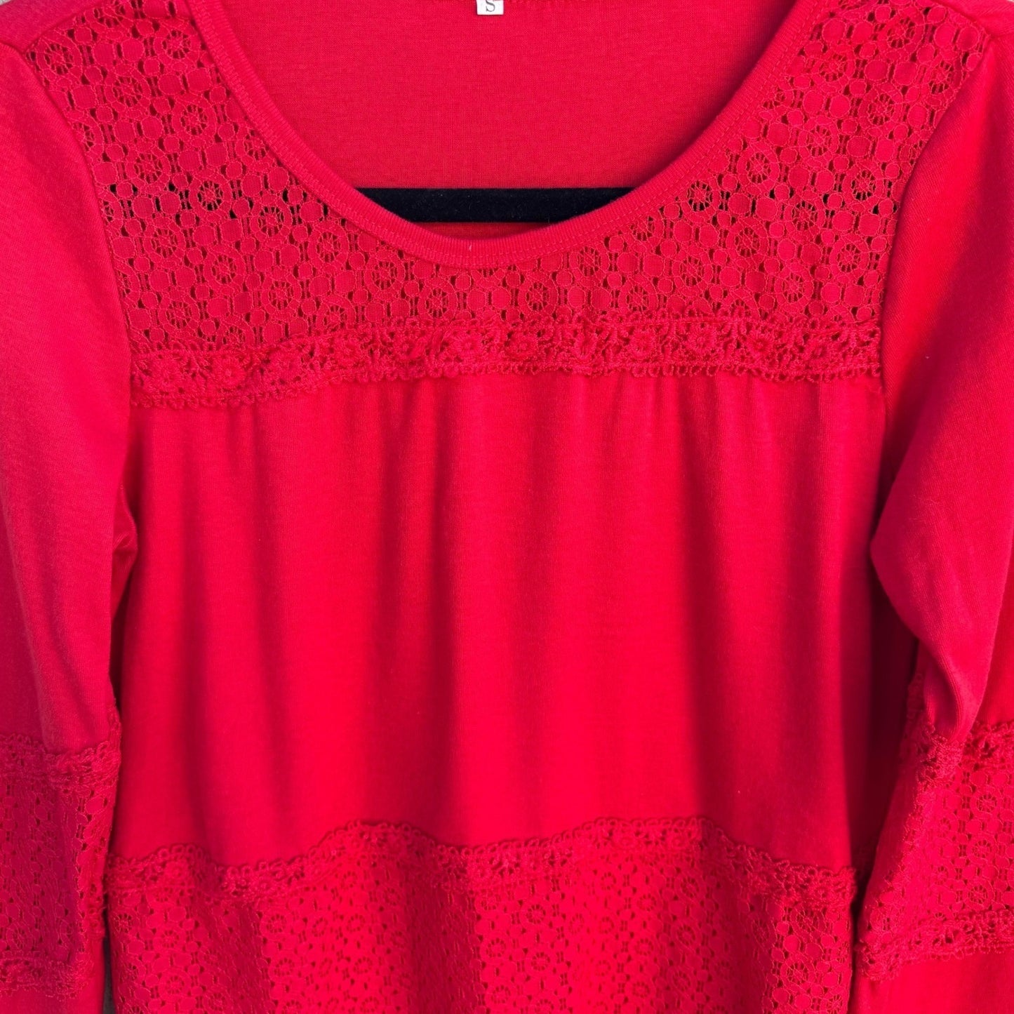 Vintage Womens Red Long Sleeve Crochet Lace Panel Scoop Neck Boho Tunic Top S