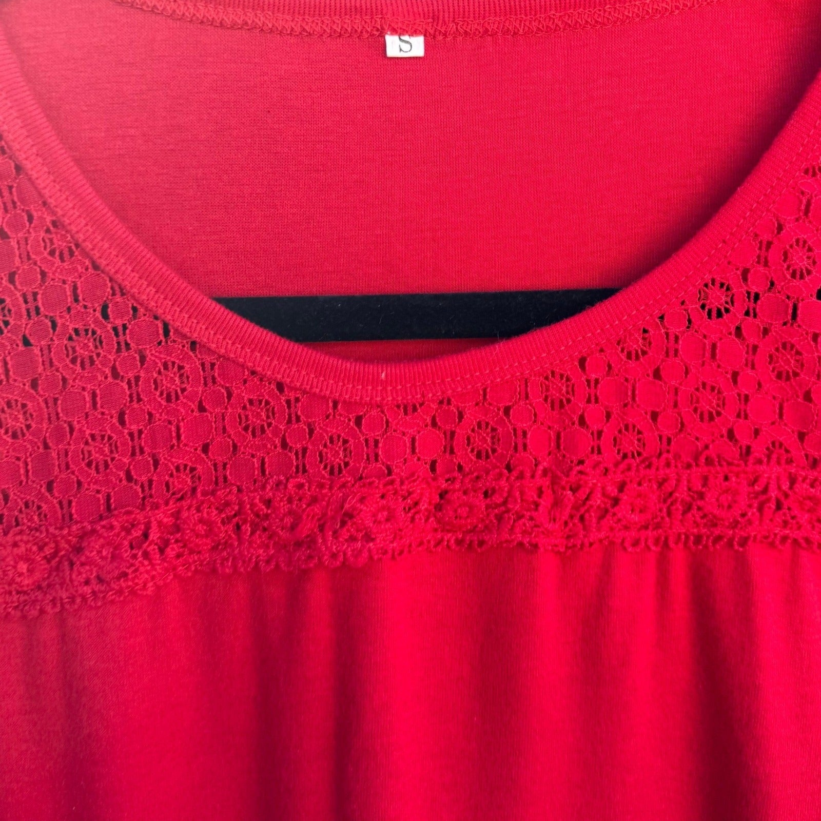 Vintage Womens Red Long Sleeve Crochet Lace Panel Scoop Neck Boho Tunic Top S